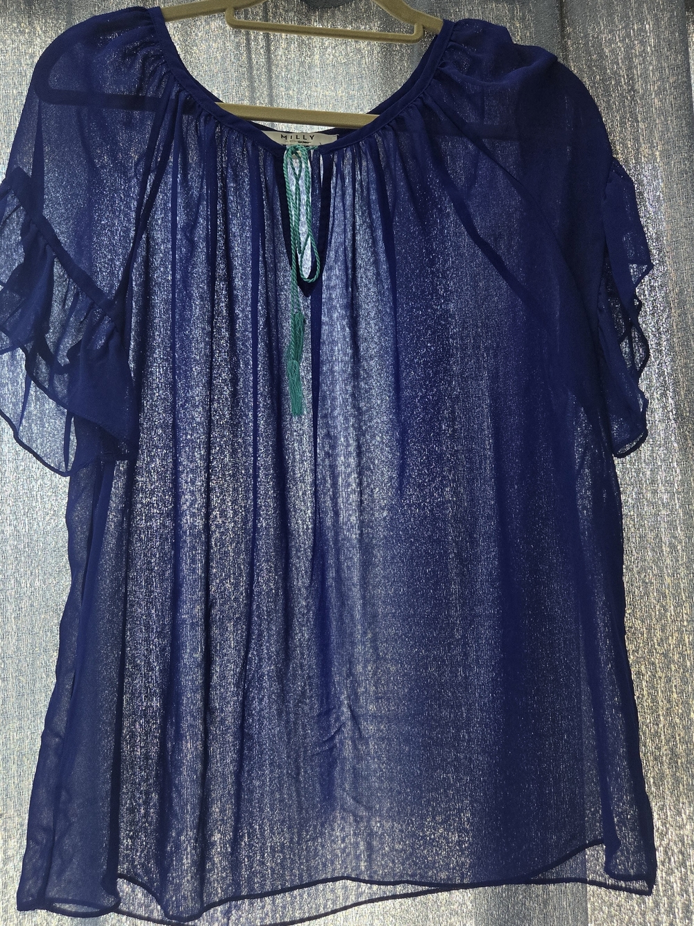 Milly Sheer Navy Blue Peasant Blouse with Tie Neck